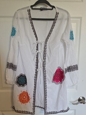 Mud Pie White Swim Coverup with Pink, Orange, Turquoise and Brown Embroidery